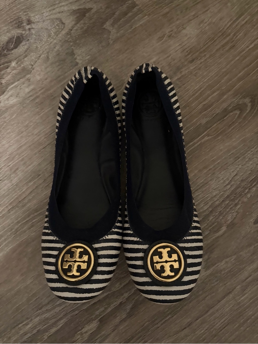 Tory Burch Navy and White Striped Logo Ballet Flats